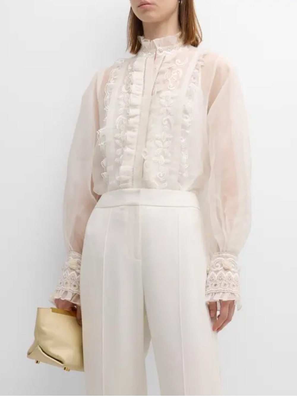 KOBI HALPERIN Women’s S Maison White Lace Sheer Beaded Embroidered Ruffle Blouse